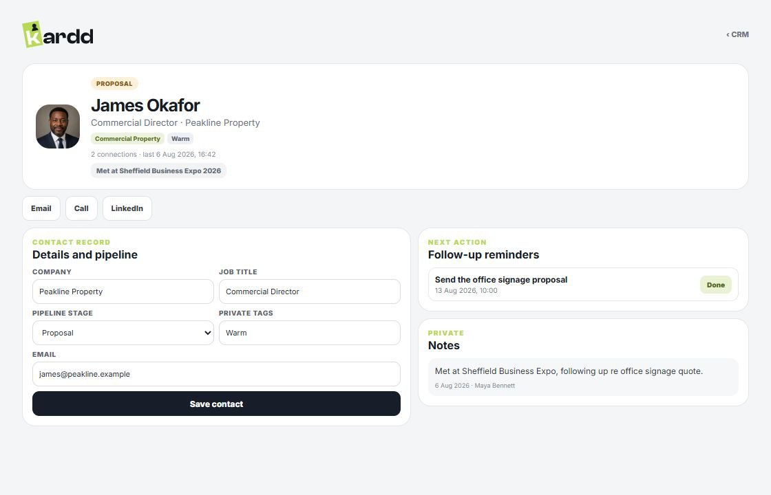 Kardd CRM contact record with demonstration data