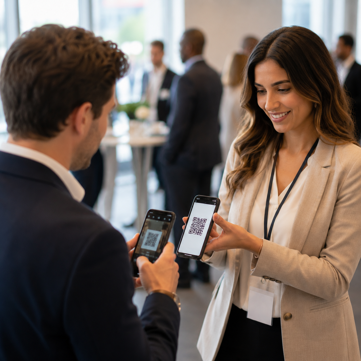 Two professionals swapping details with a scan